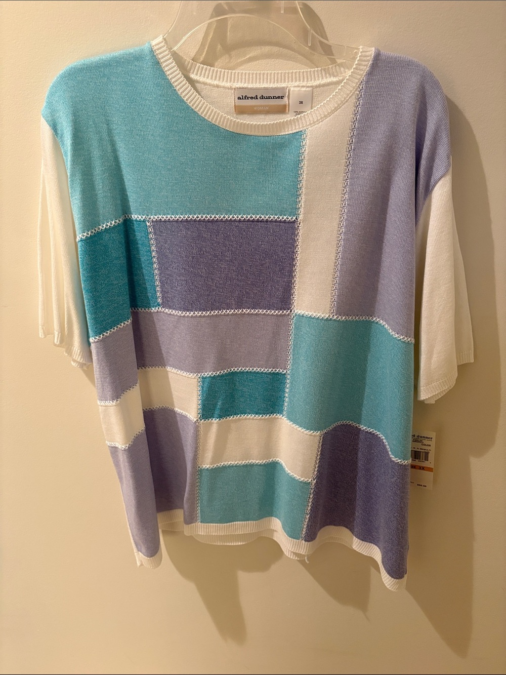 Alfred Dunner Blue, Lavender & White Colorblock Short Sleeve Pullover